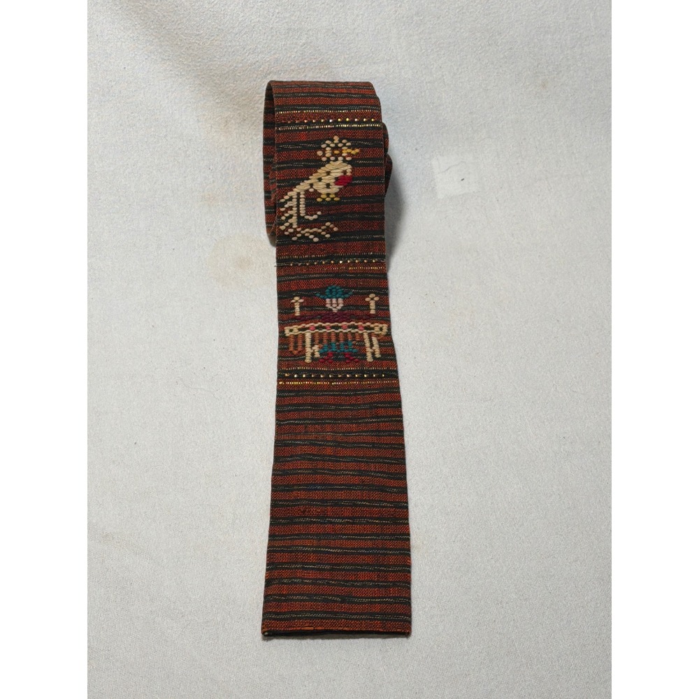 Vintage Sombol Guatemala Handwoven Tie Red Black Striped Bird Figure Square End